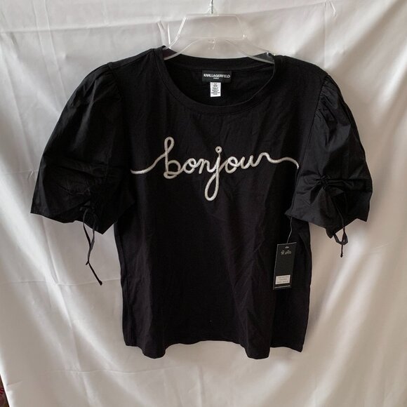 KARL LAGERFELD Bonjour Studded Cinched Sleeve Top in Black/White Sz LARGE - Picture 1 of 4